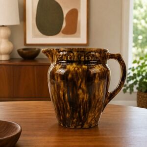 Antique Rockingham Glaze Stoneware Pitcher Brown Bennington Style Embossed 6.5in